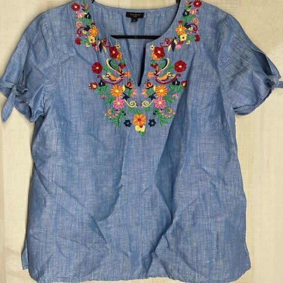 Talbots denim chambray short sleeve‎ embroidered top blouse, size medium petite - Picture 12 of 16